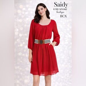 BCX Red Chiffon Belted Dress Long Sleeve Flowy Size M